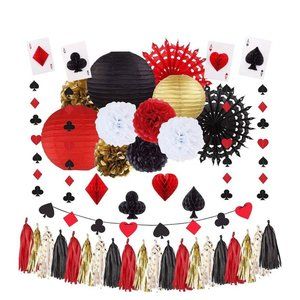 Casino Vegas Birthday Party Decorations Banner Gold Black Red Cards Streamer